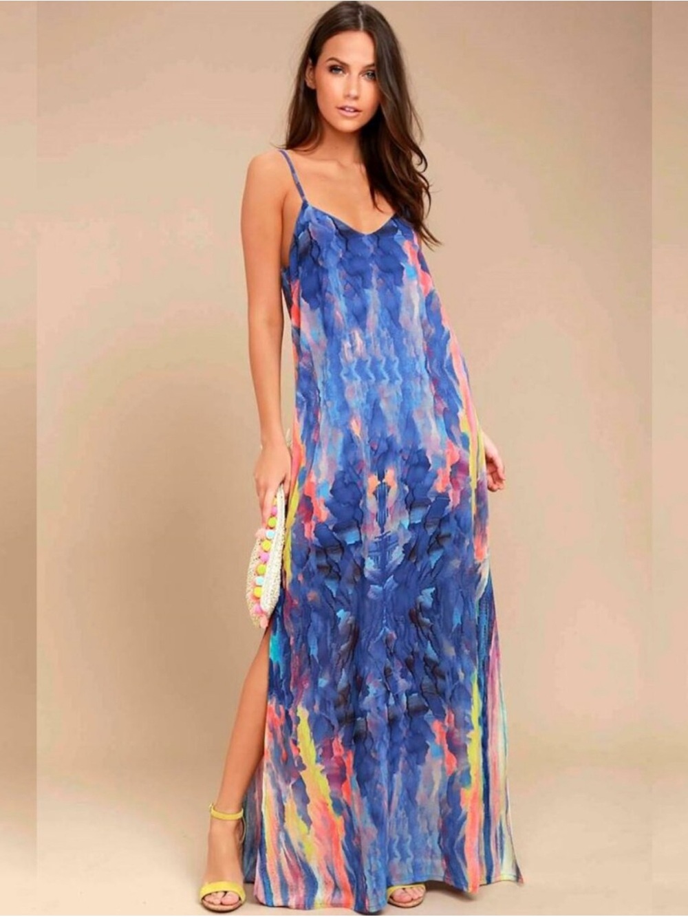 Lulus Flying Watercolors Royal Blue Print Maxi Dress, Size M